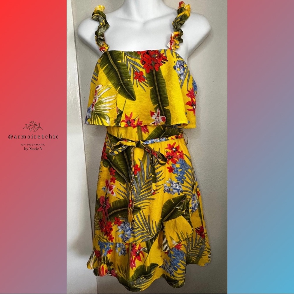 MILK & HONEY | Tropical Floral Yellow A-line Mini Dress | Women’s Size S